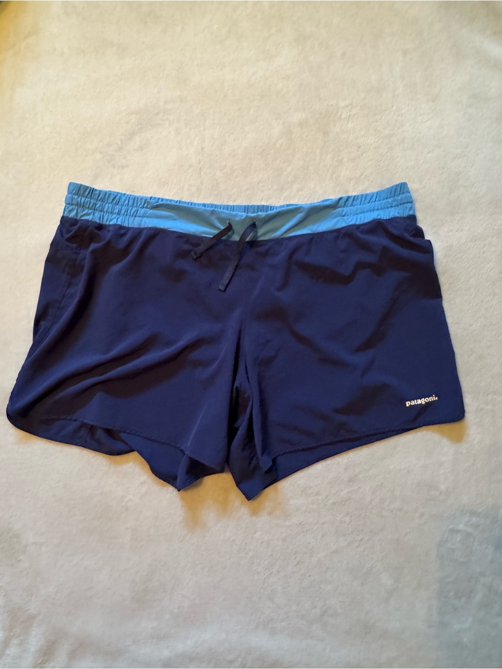 Patagonia Nine Trails Navy Shorts with Light Blue Waistband 6” inseam